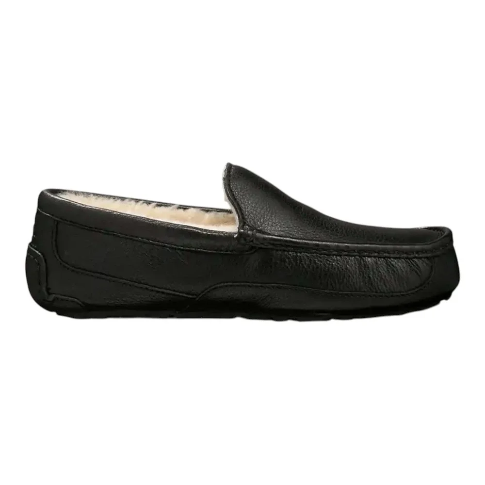 UGG ASCOT LEATHER MENS SLIPPERS Loafer US Size 9 Black Leather Sheepskin Lining